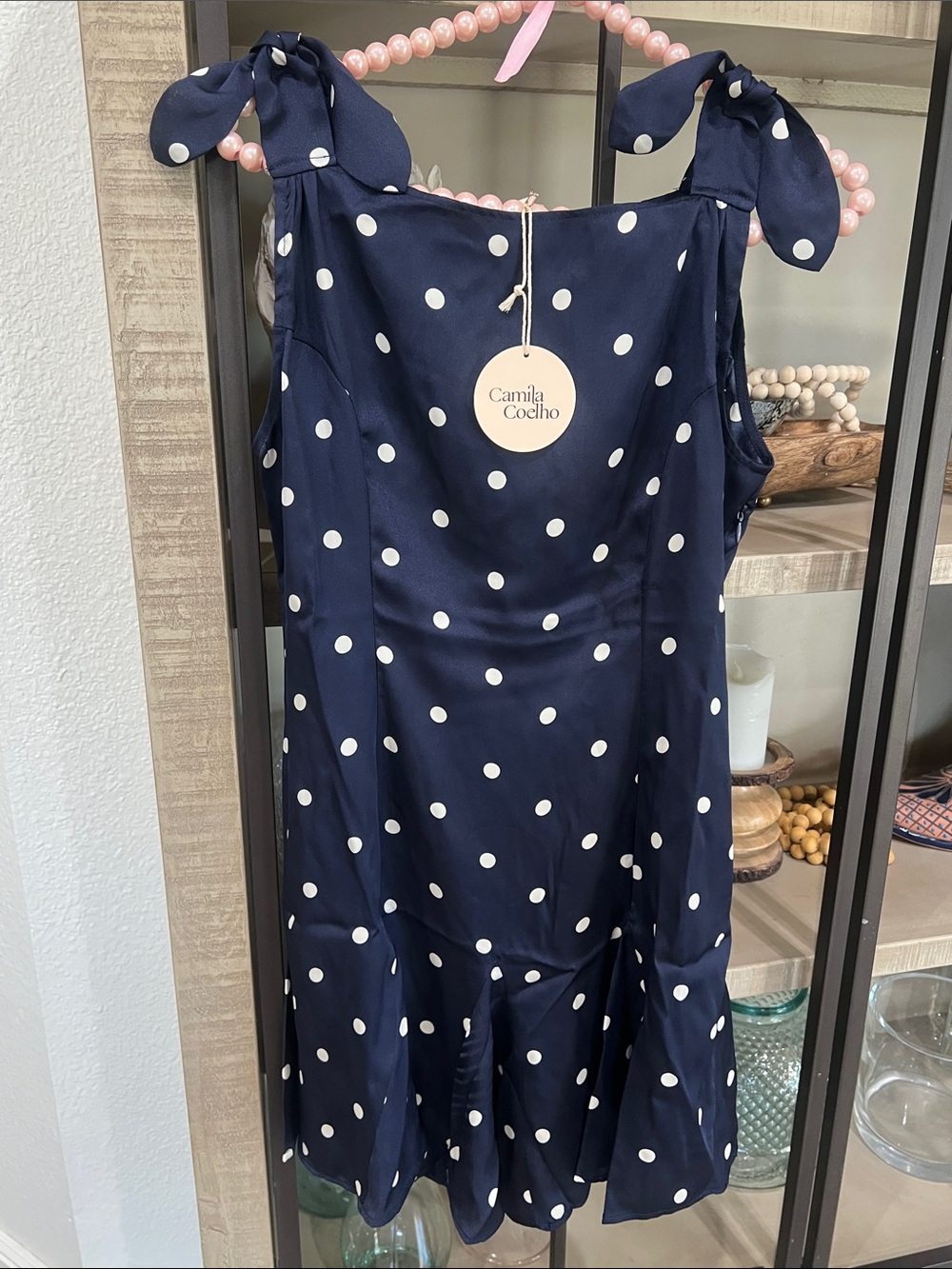 Camila Coelho Navy Blue Polka Dot Tie-Shoulder Mini Dress Size S